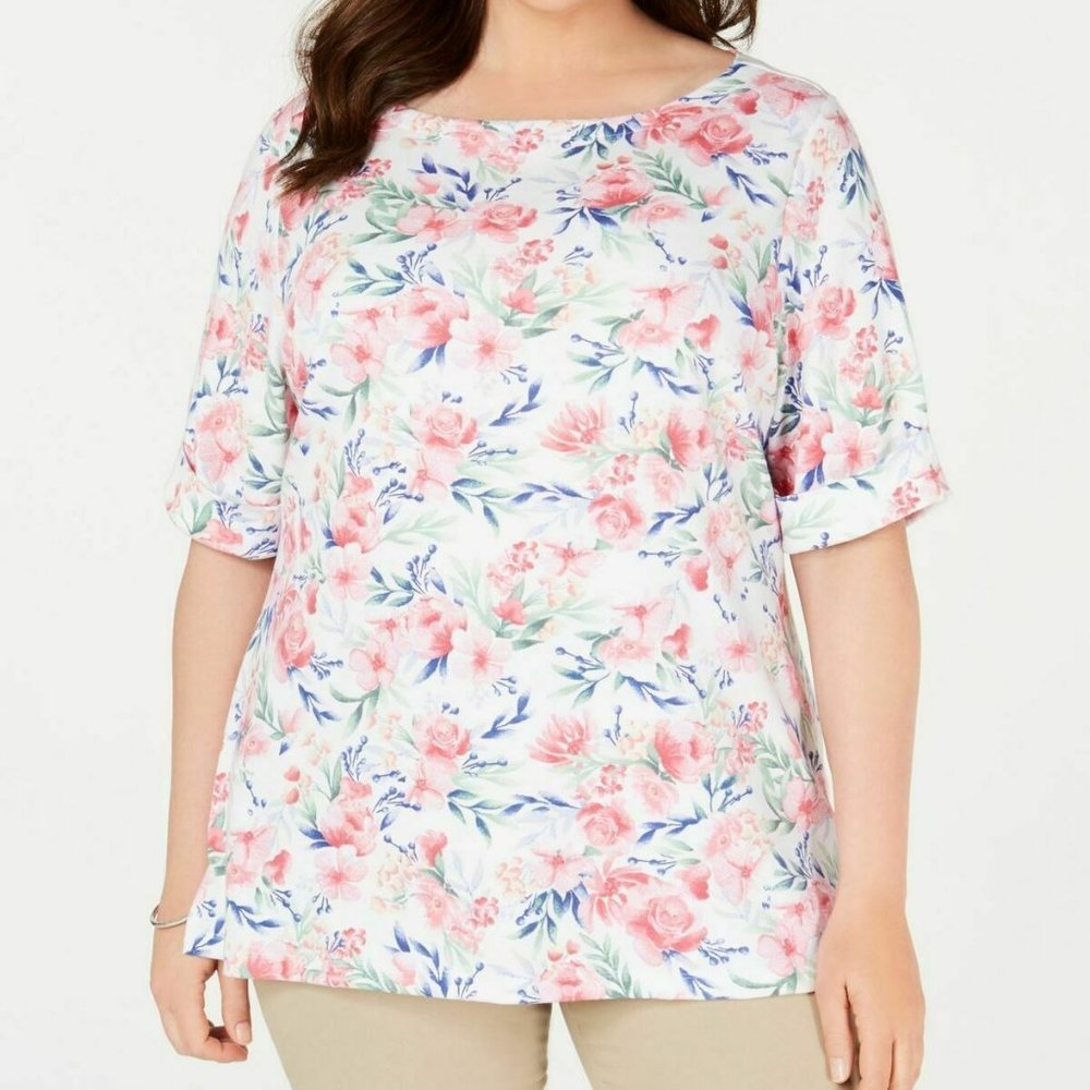 Karen Scott Womens White Floral Split Hem Tee Casual Top Shirt Plus 0X